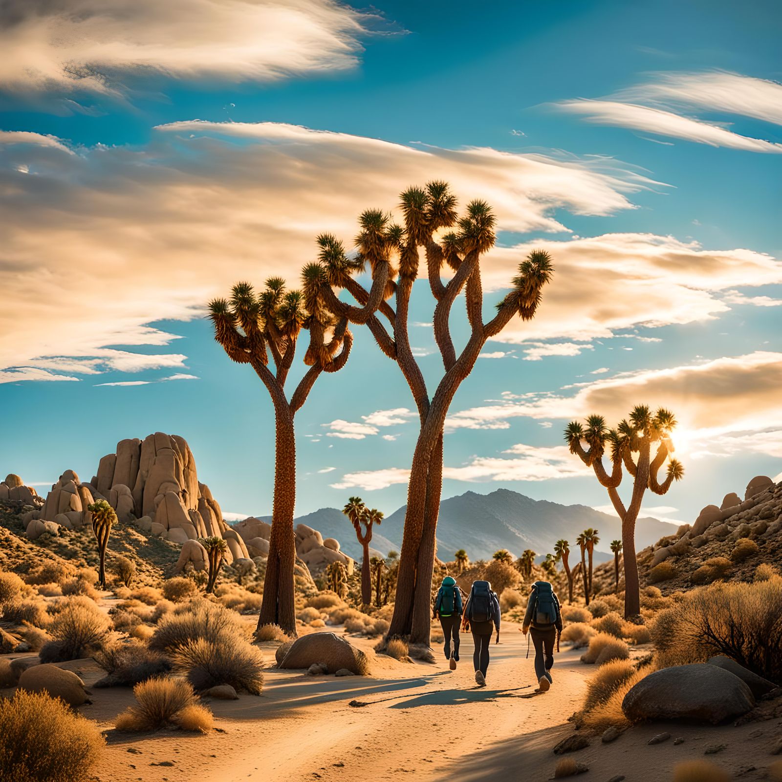 Hikers Among Stunted Joshua Trees in California