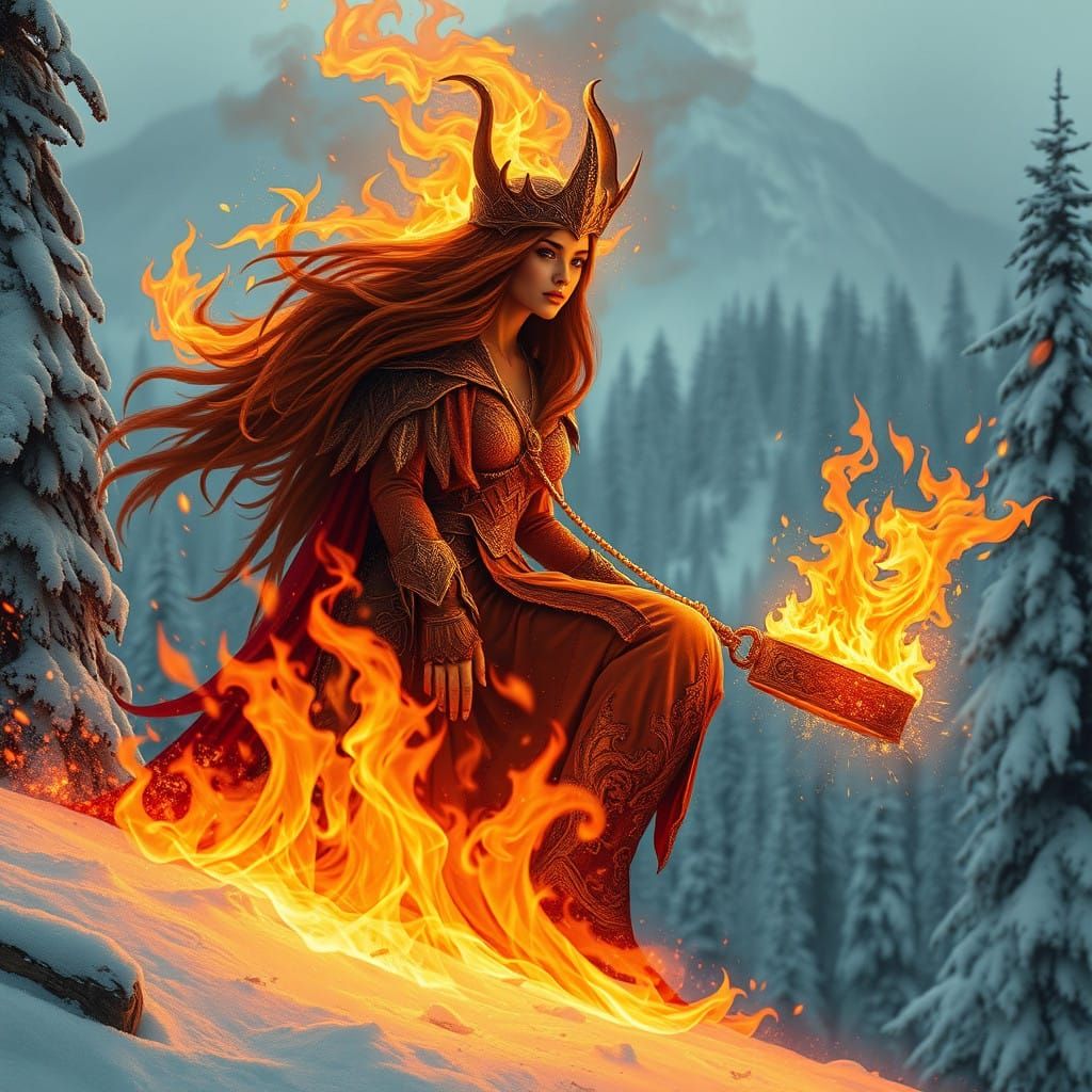 Majestic Fire Queen Reigns Over Snow-Capped Mountains