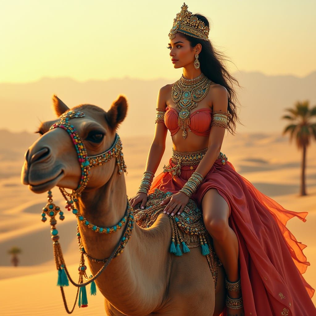 Regal Princess Rides Futuristic Camel in Majestic Desert Lan...