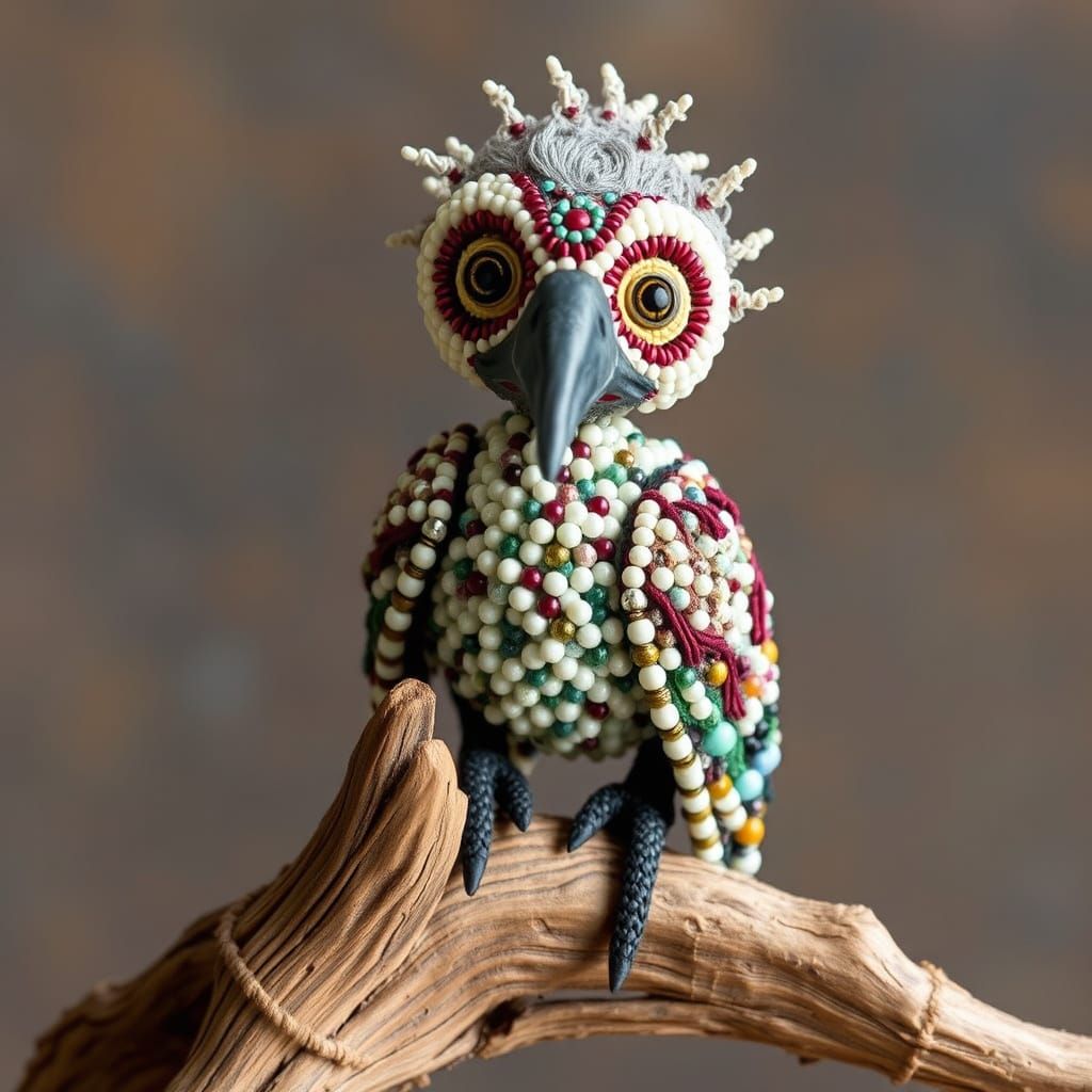 Beaded Dodo Figurine on Branch in Surreal Folk Art Style