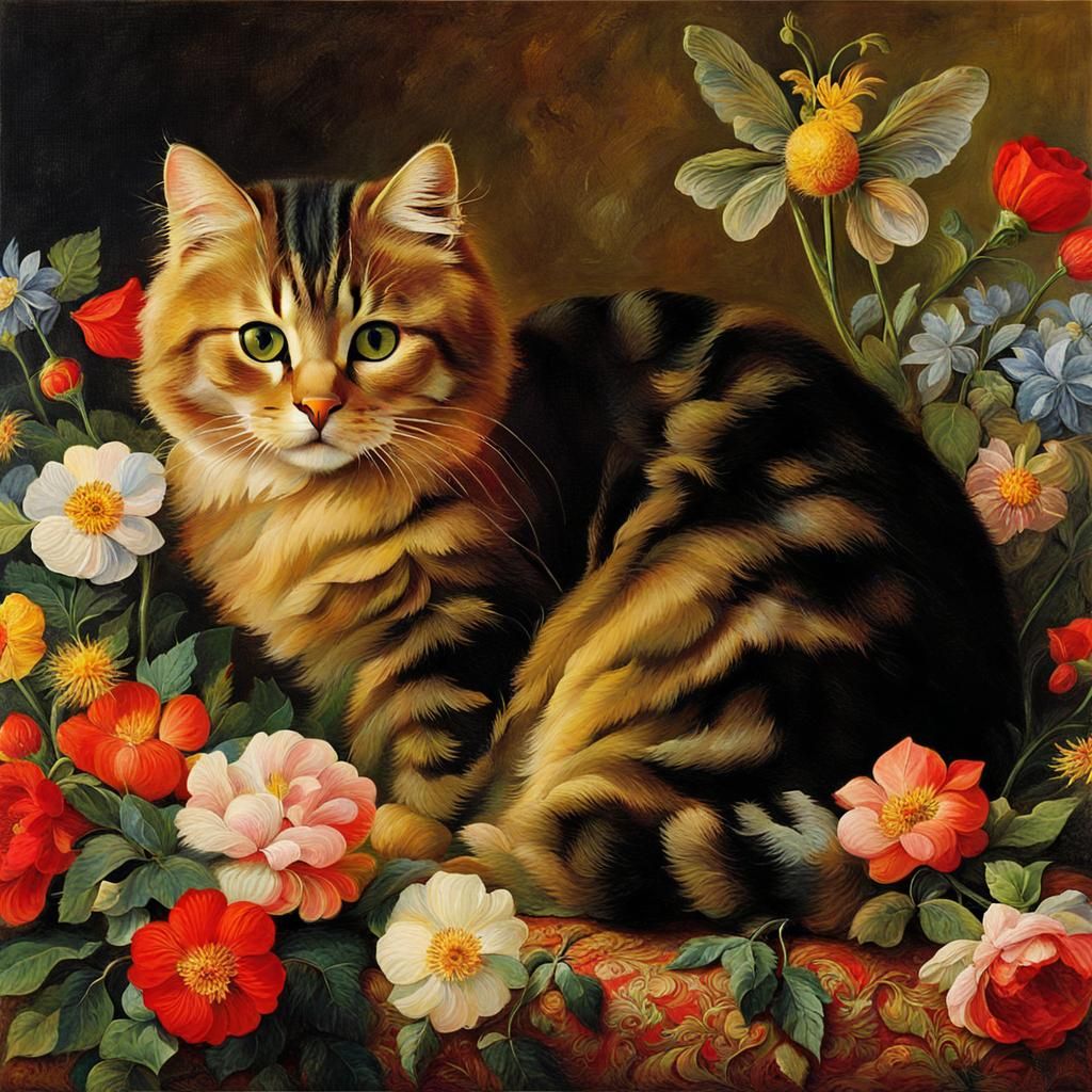 Cat on Pillow Surrounded by Flowers in Romantic Style