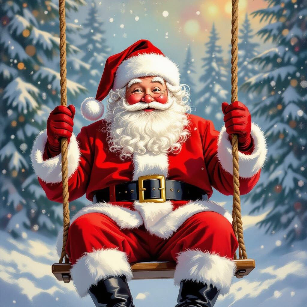 Santa Claus Relaxing on a Swing in Oil Painting Style