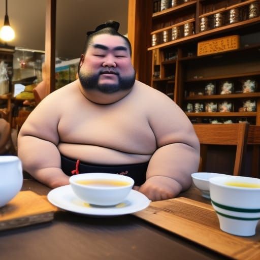 sumo wrestler drinking, green tea, in tea shop