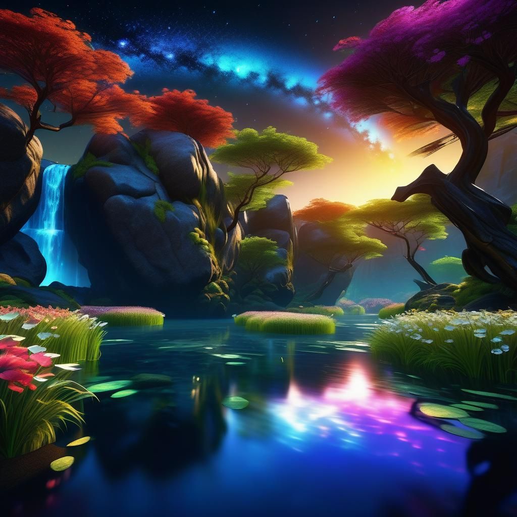 Enchanted River Valley with Starry Sky, Dark Fantasy Art