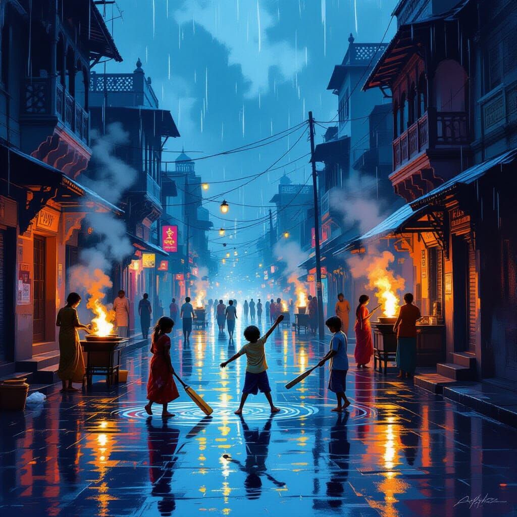 Rainy Evening in India: Kids Play Cricket Amidst Chai Stalls