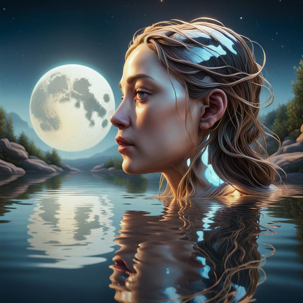 Moonlit Reflection: Woman in Tranquil Riverscape