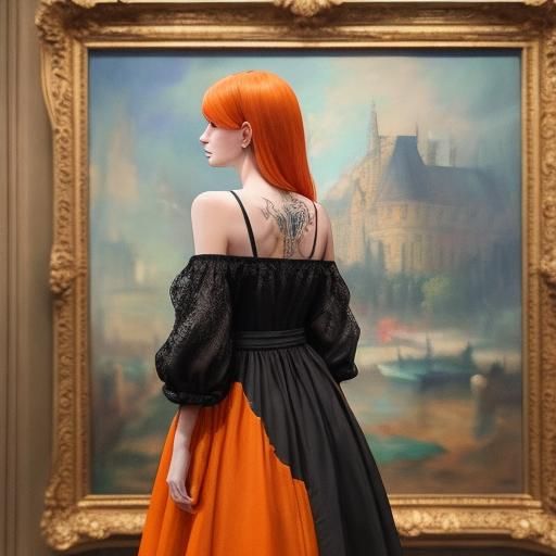 Girl in Orange Dress Viewing Van Gogh Style Art