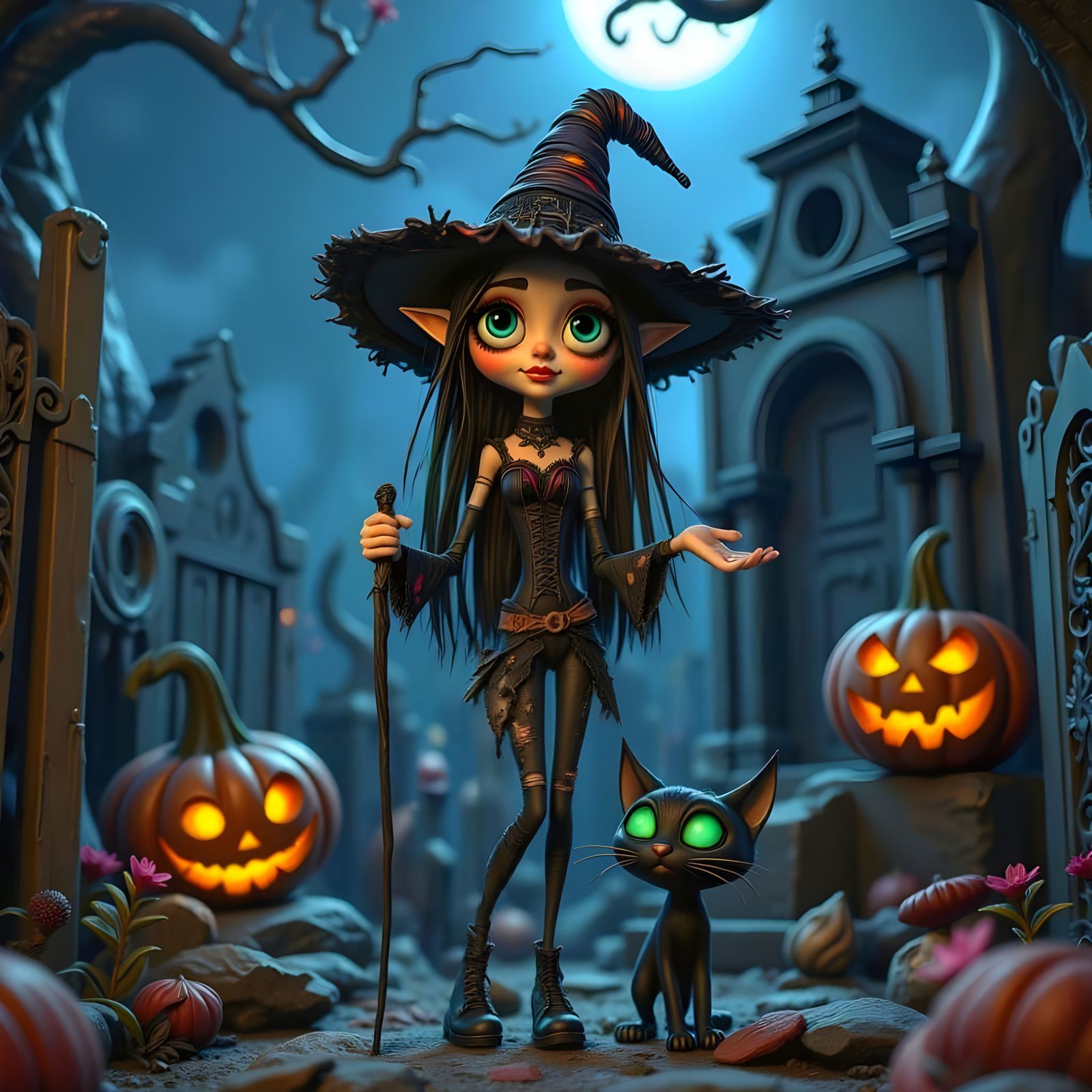Punky Witch Girl in Tim Burton Claymation Style