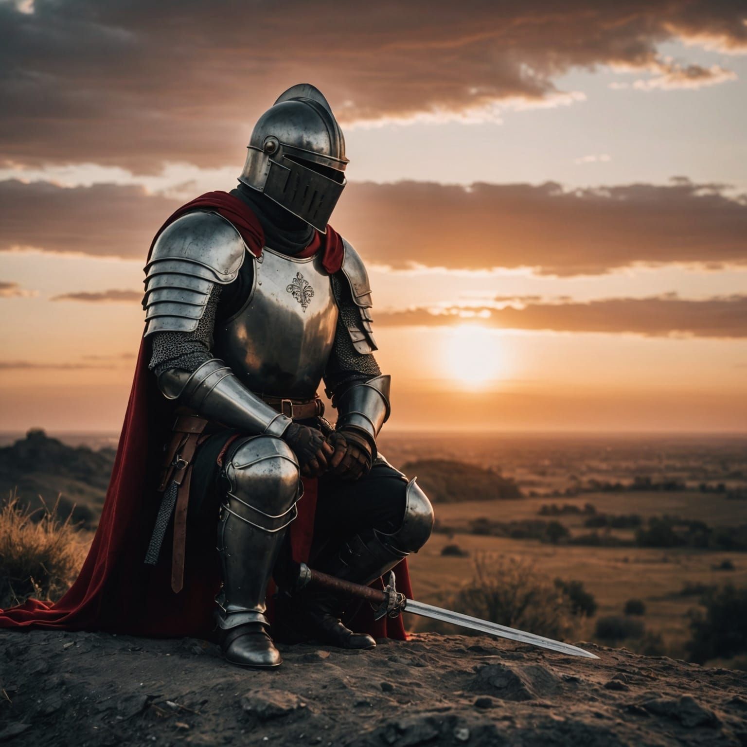 Kneeling Knight with Sword at Sunset: Cinematic Still