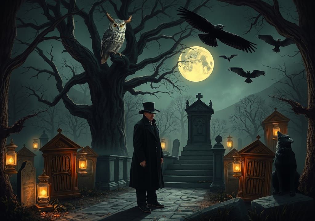 Dark Academia Scholar at Graveyard Entrance