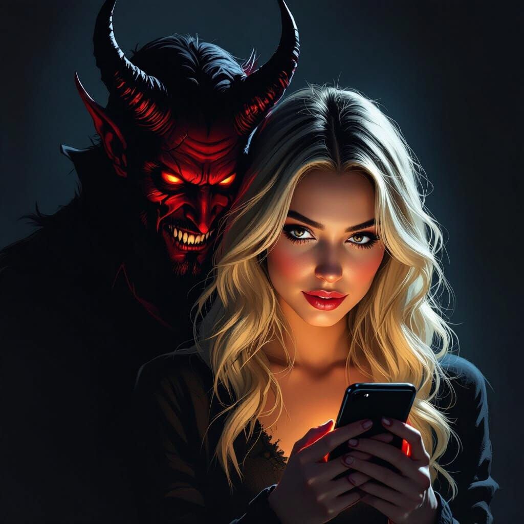 Woman on Cellphone With Devil Behind Her In Dark Fantasy Sty...