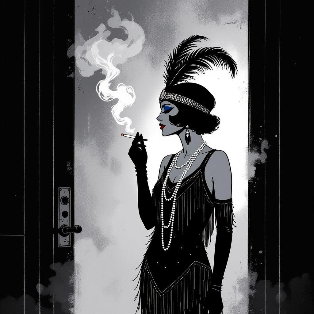 Noir Flapper in Speakeasy Doorway, Graphic Novel Style