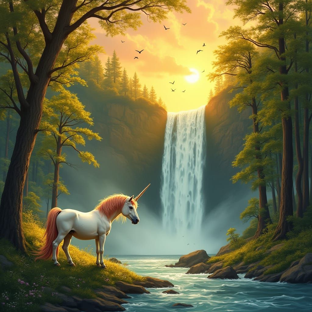 Unicorn in Golden Forest Waterfall Landscape