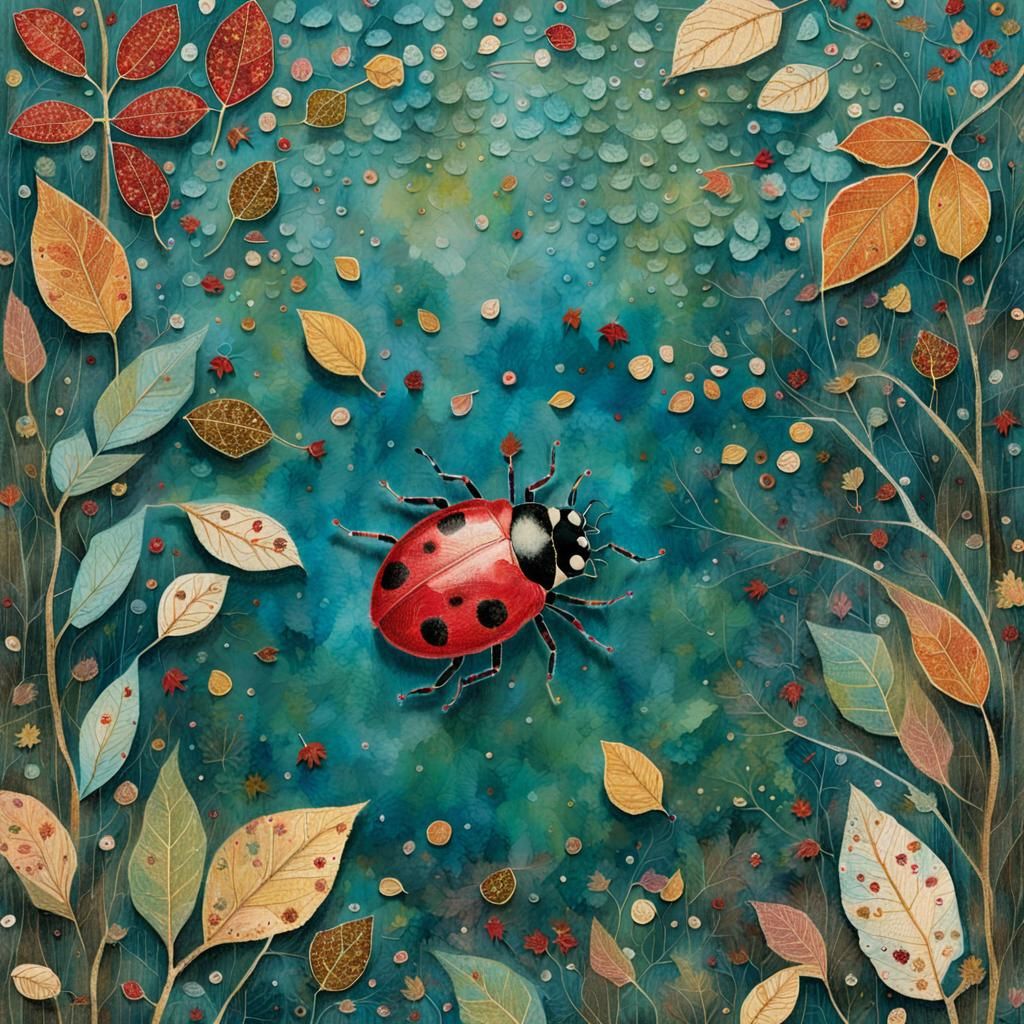 Autumn Ladybug in Klimt-Inspired Mixed Media