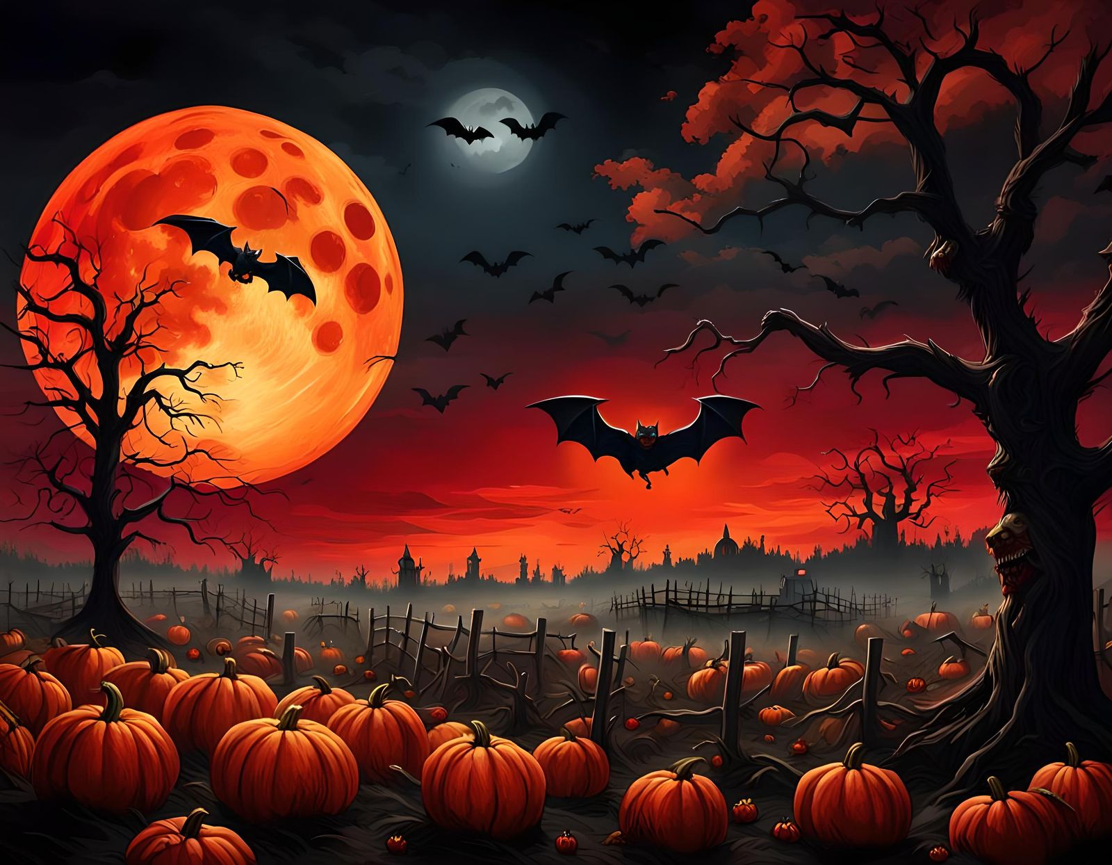 Halloween Night: Pumpkin, Bat, and Red Moon