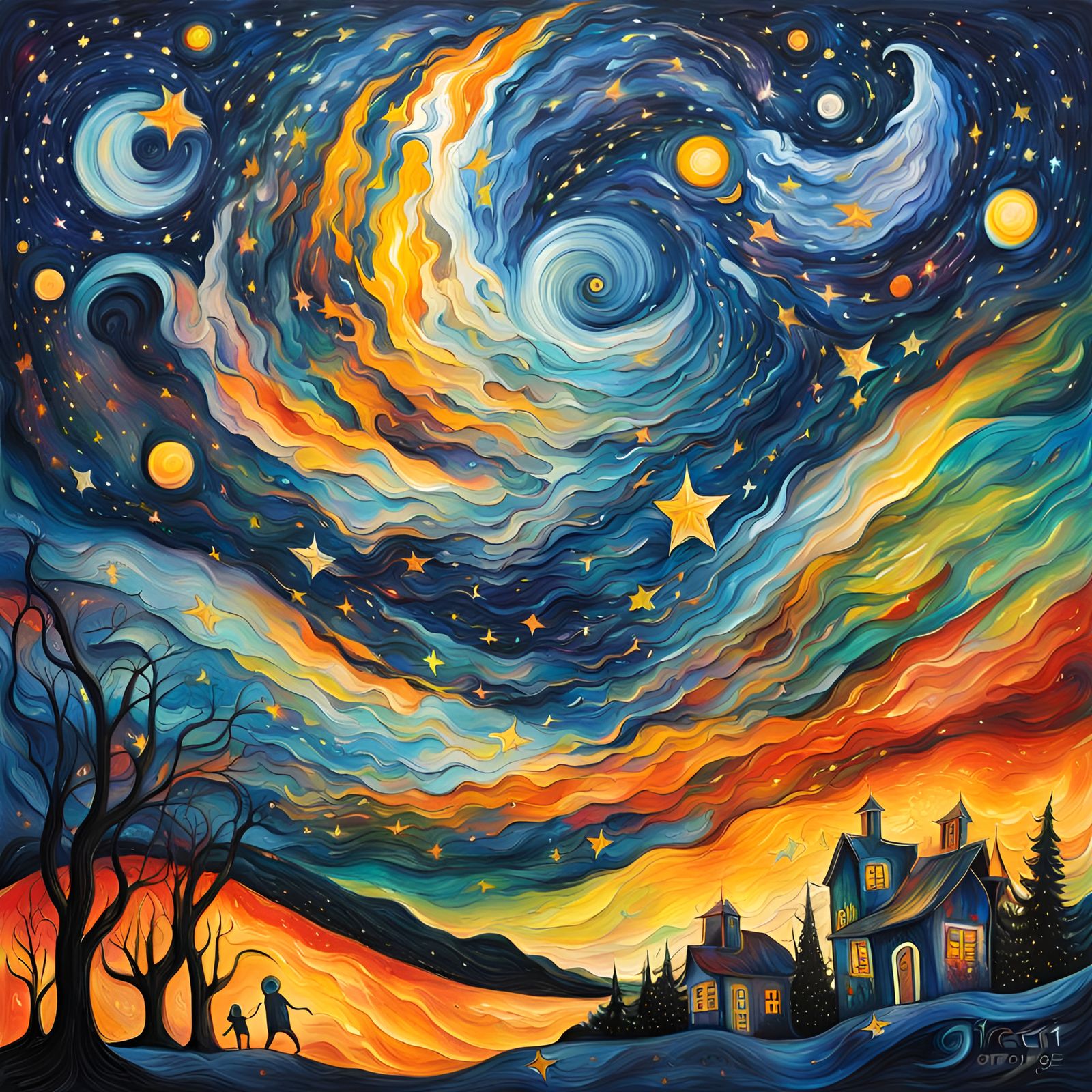 Intertwined Souls: Starry Night in Abstract Expressionism