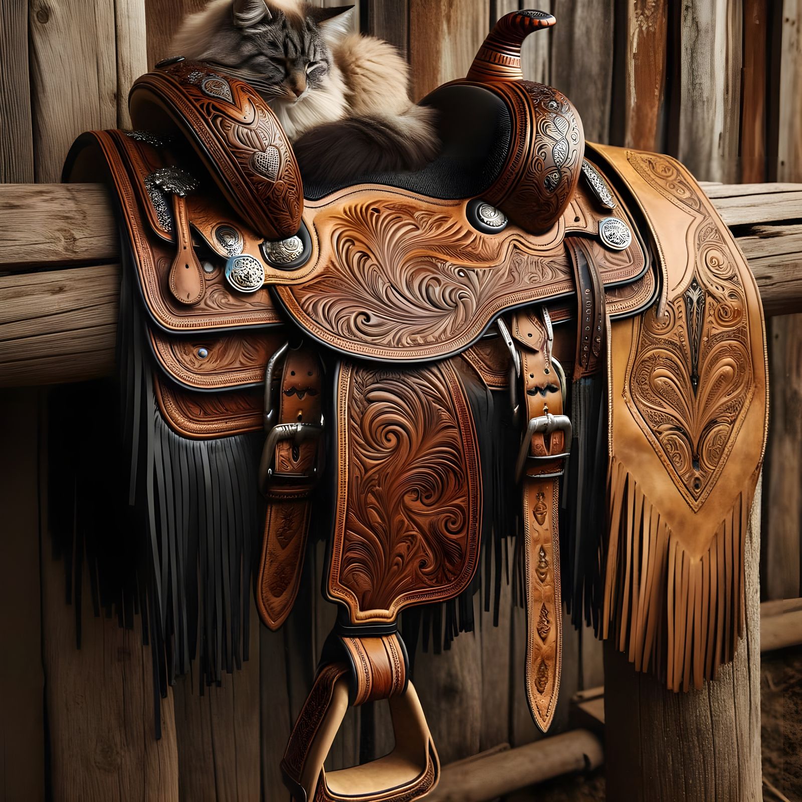 Cat Nap on Embossed Western Saddle