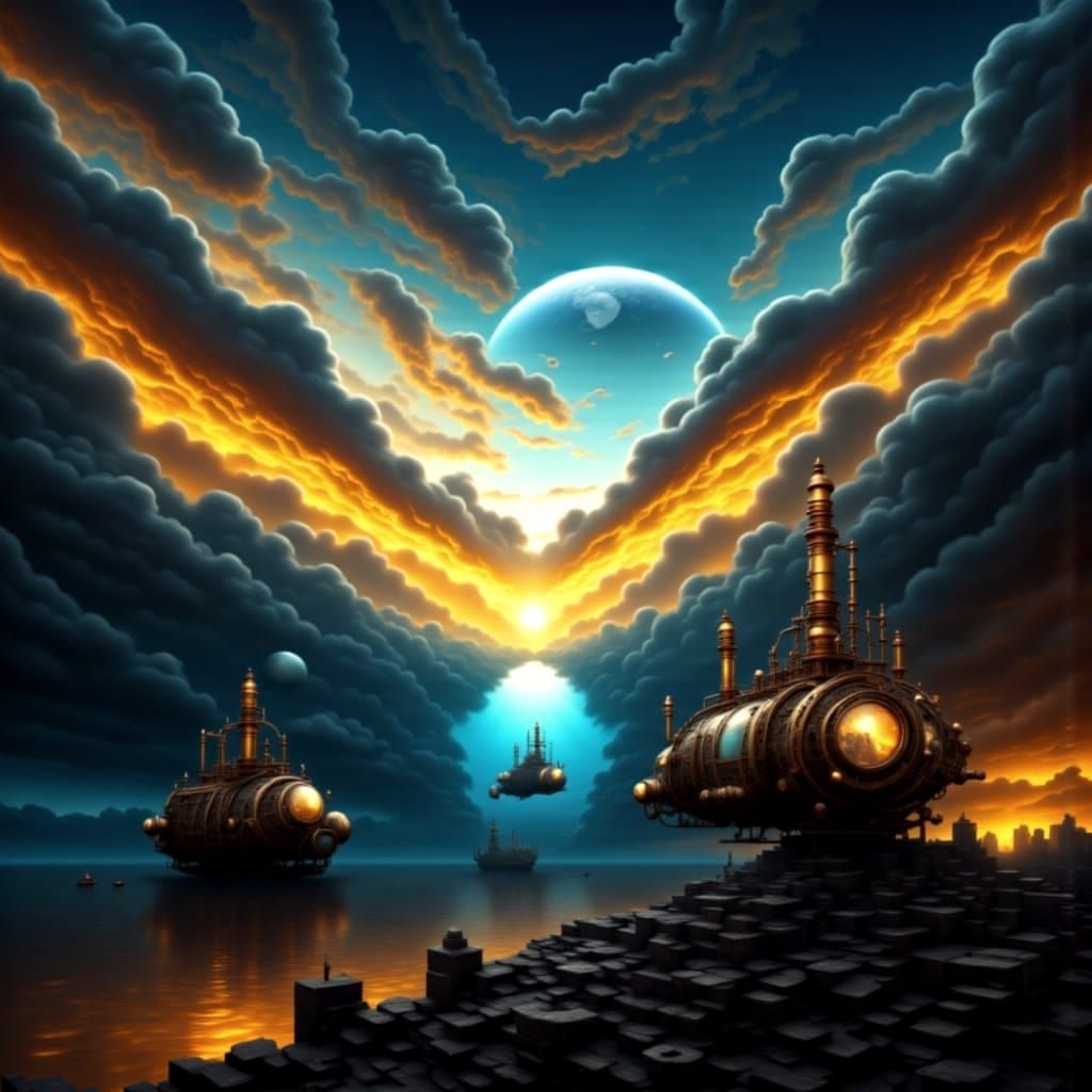 Steampunk Airship Navigates Sunset Ocean