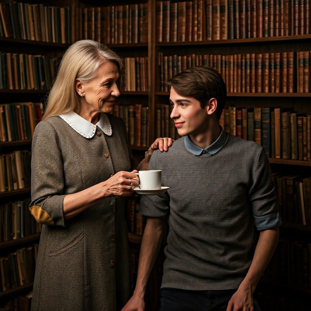 Cozy Bookstore Scene: Warm Encounter Over Hot Chocolate