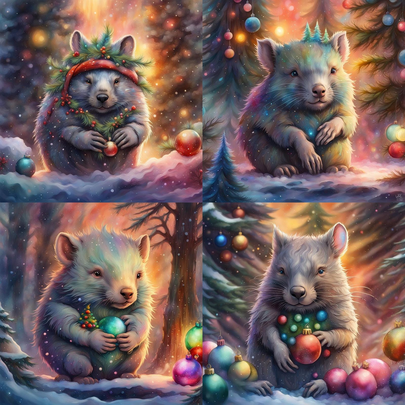 Christmas Wombat in Tree: Fantasycore Watercolor Art