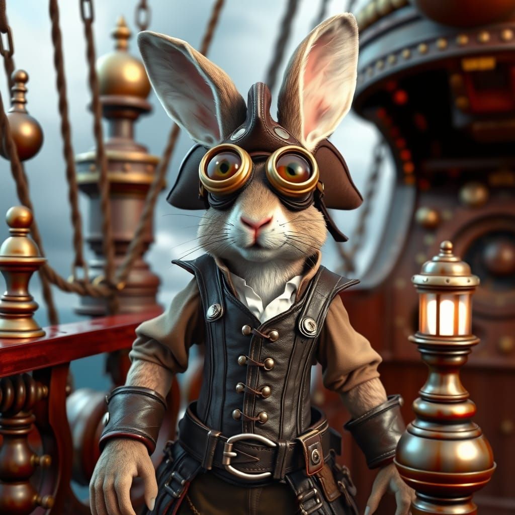 Steampunk Rabbit Pirate on Airship, Claymation Style