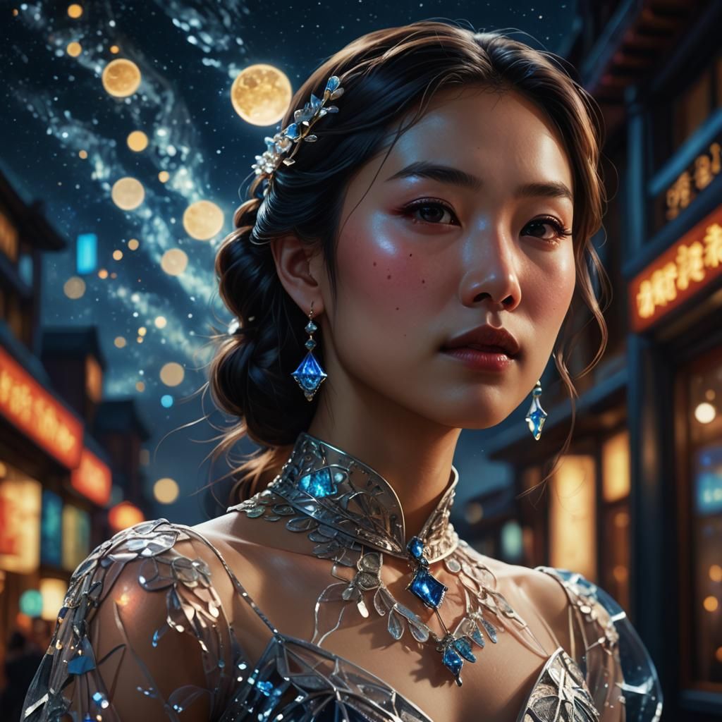 Asian Woman in Glass Dress: Edward Hopper Style