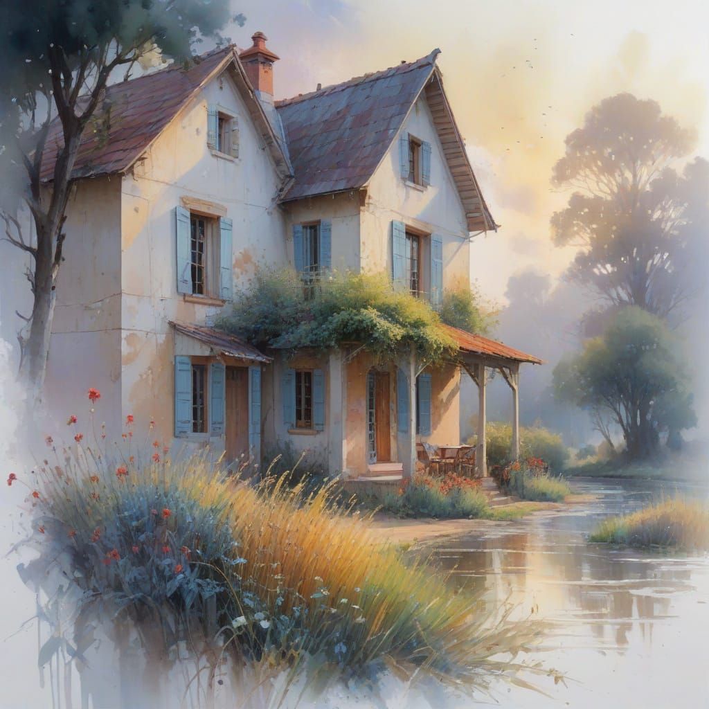 Neo-Impressionist Wheat Field with Farmhouse in Oil Painting...