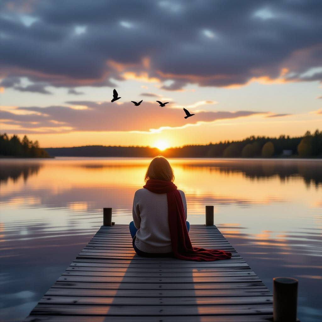 Golden Hour Lakeside Scene with Pier