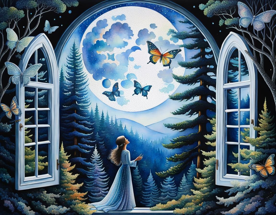 Ethereal Woman in Sky: Pointillist Surrealism