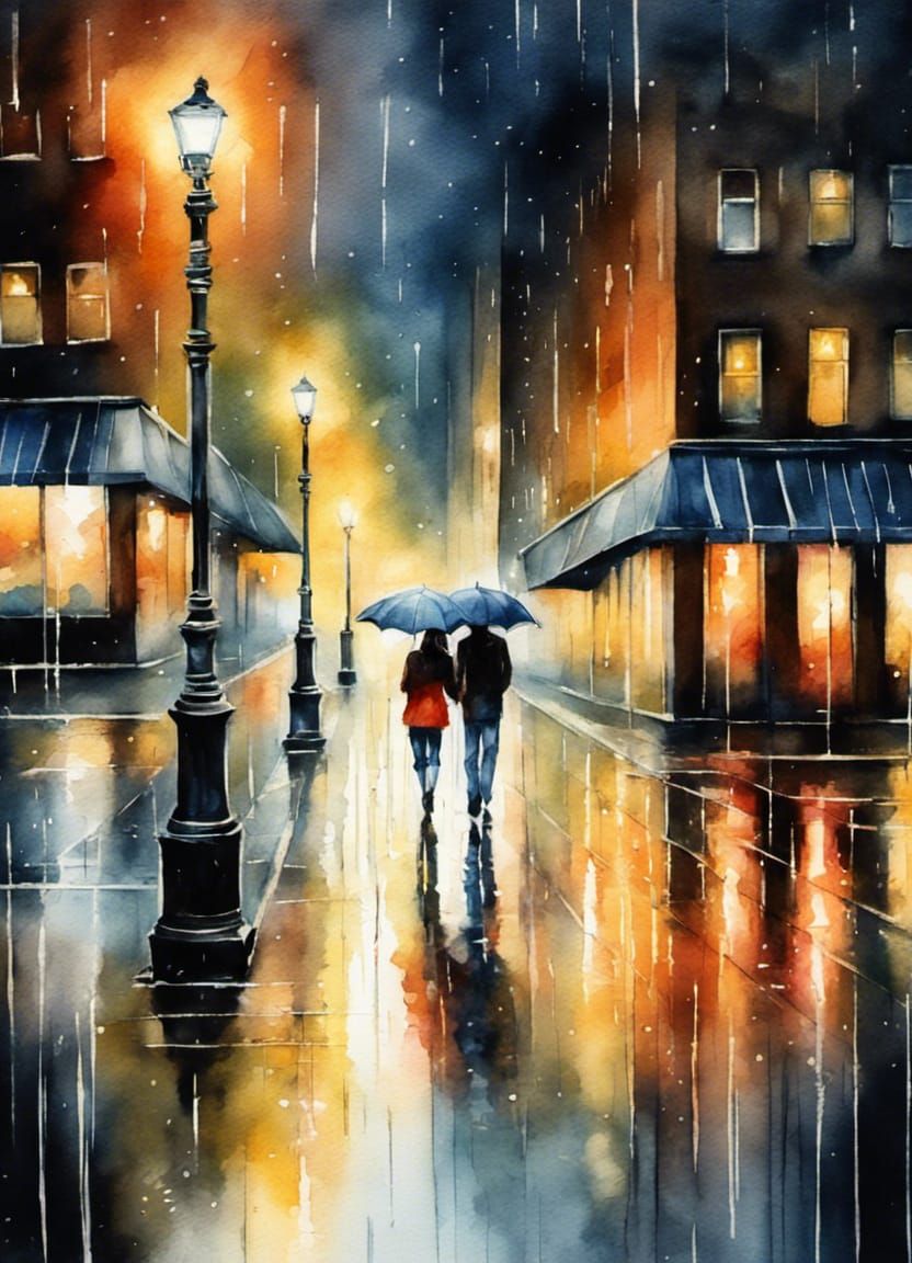 Rainy Midnight Stroll: Hyperdetailed Watercolor Landscape