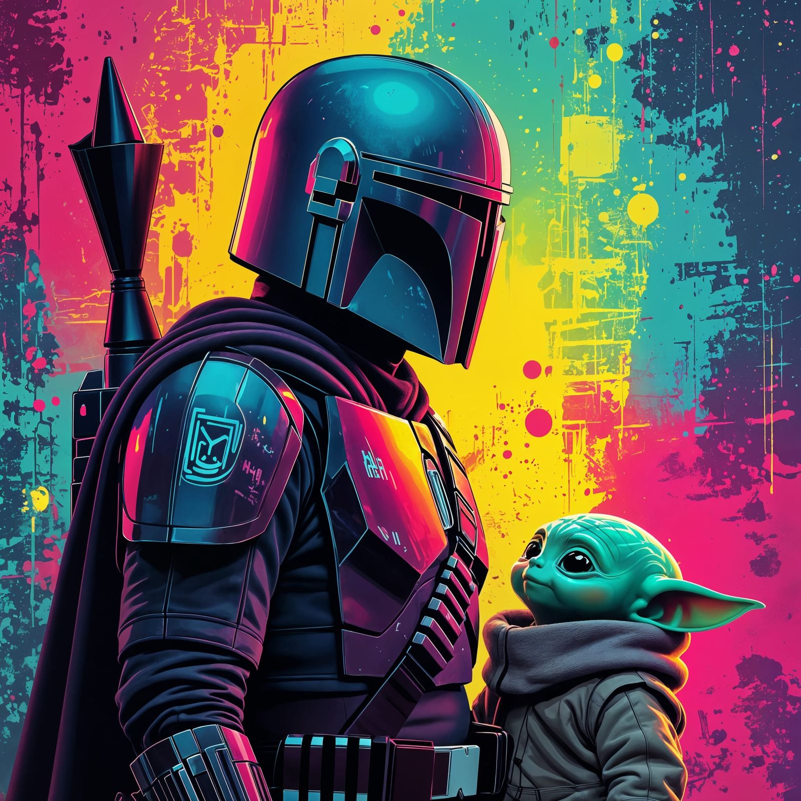 Mandalorian and Grogu in Neon Street Art Style