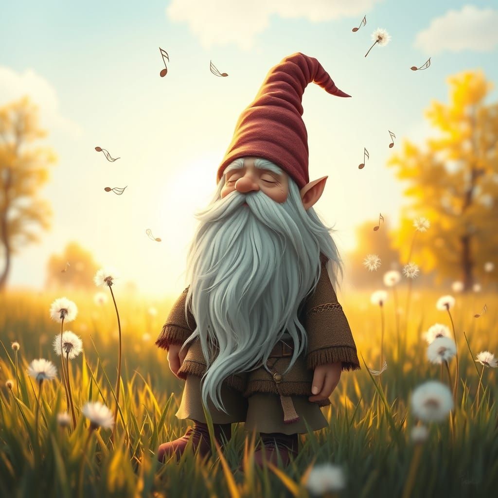 Gnome in Serene Sunlit Meadow with Dandelion Fluff and Music...