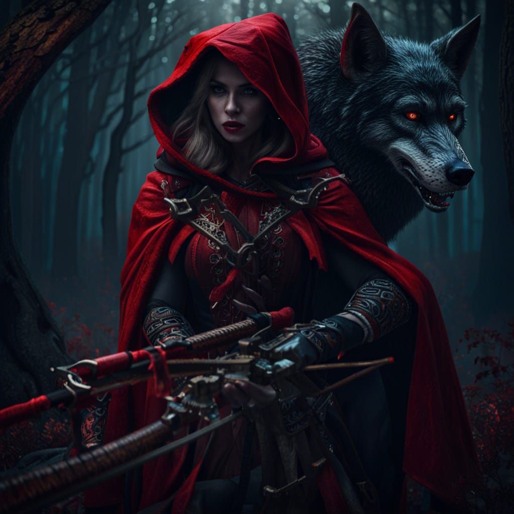 Gothic Red Riding Hood and Werewolf in Forest