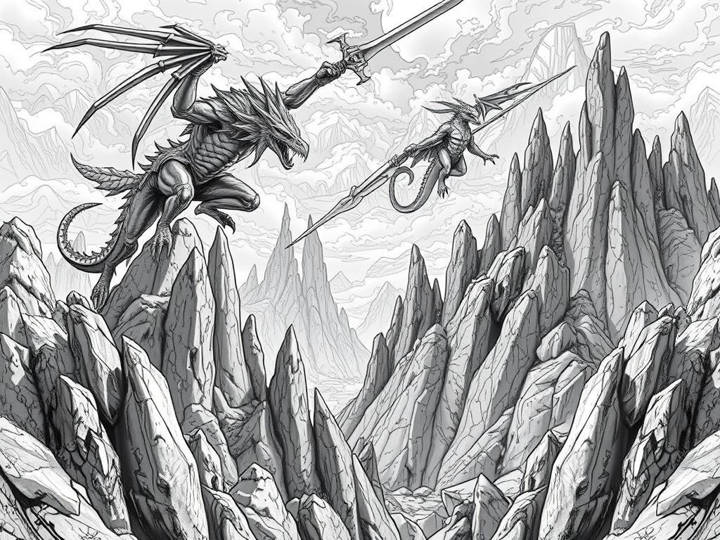 Elves and Dragons Coloring Page in Dark Fantasy Style