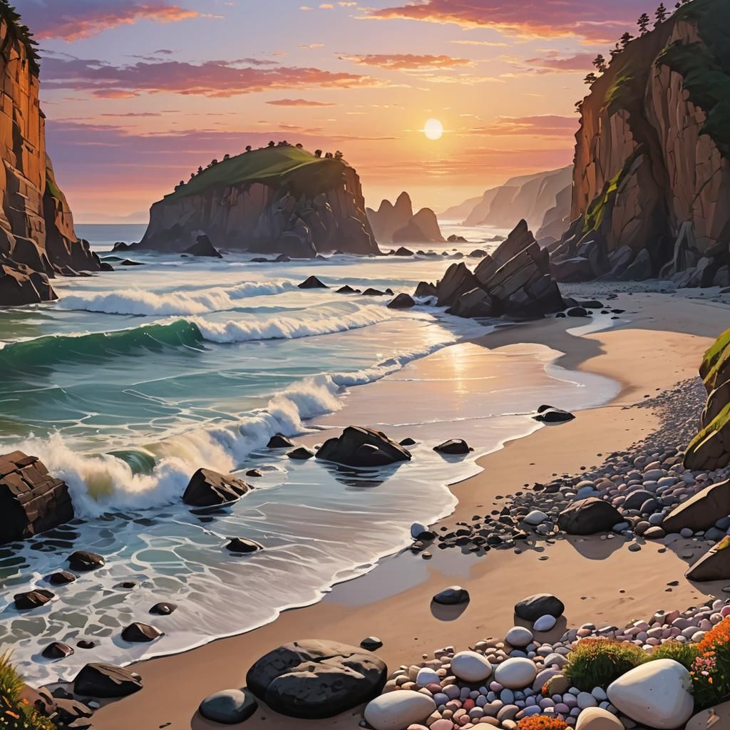 Coastal Sunrise with Cliffs in Splash Art Style