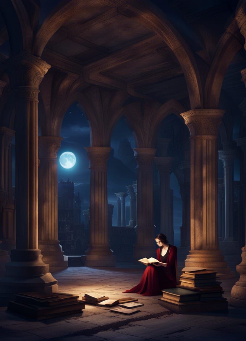 Vampire Reading by Moonlight in Ancient Library Ruins