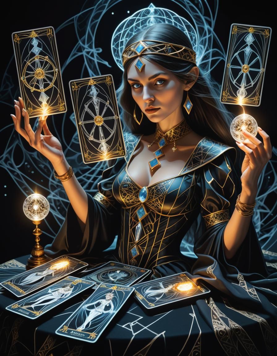 Surreal Tarot Artwork of Mystic Woman Holding Cards