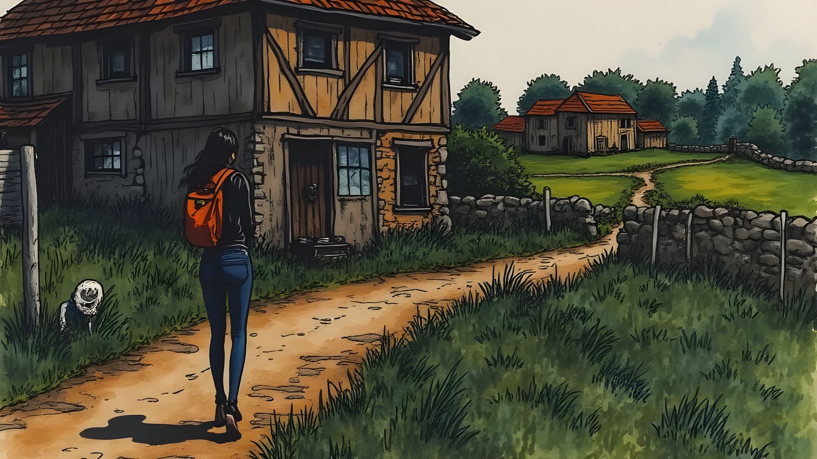 Farmhouse Fantasy Street View in Watercolor Style