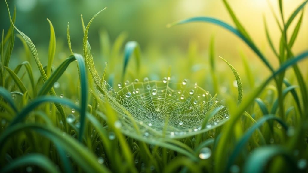 Macro Dew Drops on Spiderweb at Dawn