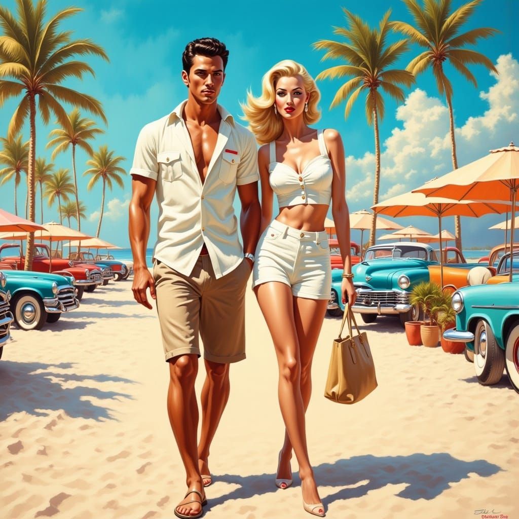 Miami Beach Couple in Impressionistic Oil Painting Style