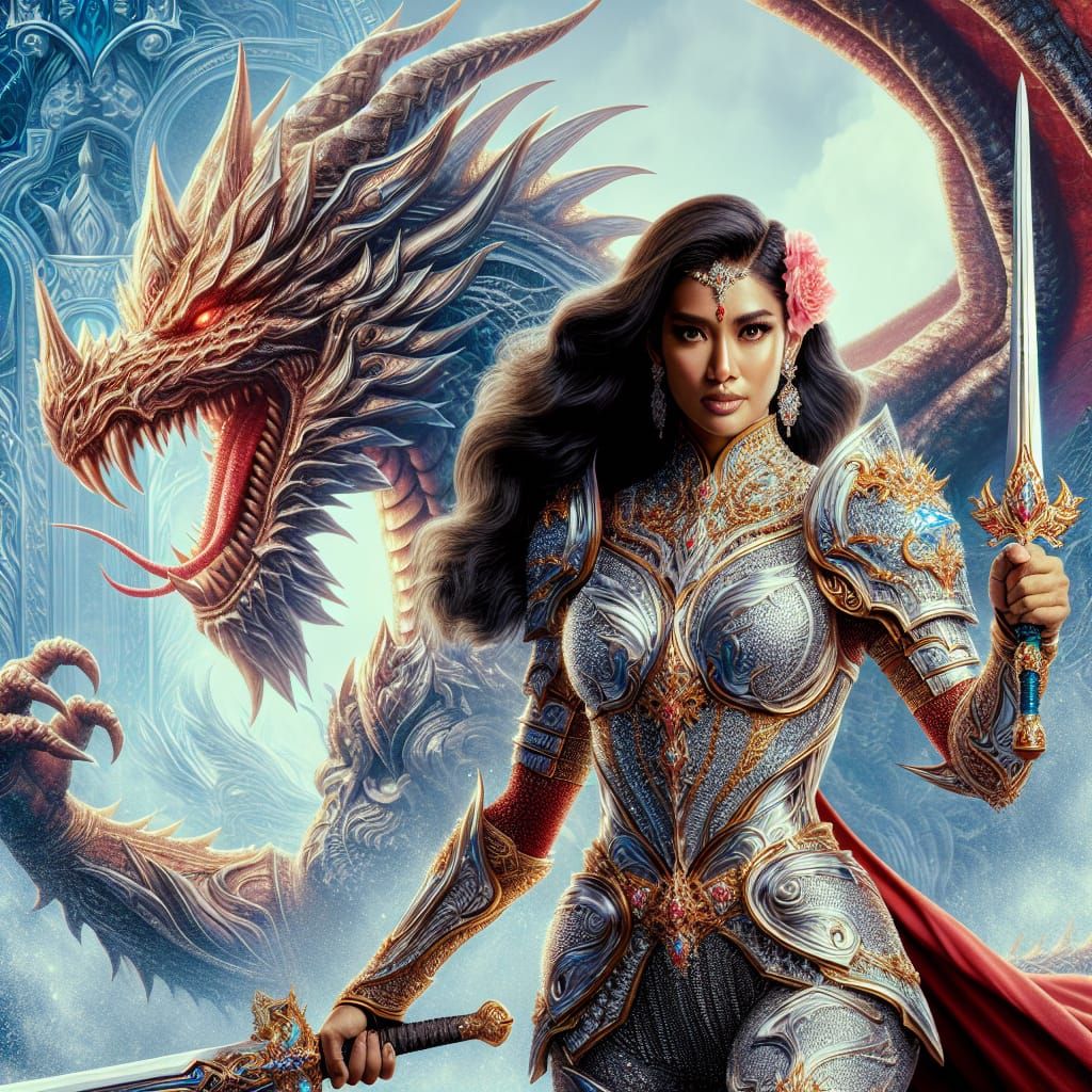 Hispanic Warrior Woman with Dragon in Digital Matte Painting