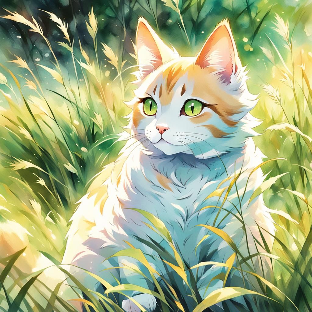 Anime Cat in Grass, Watercolor Style