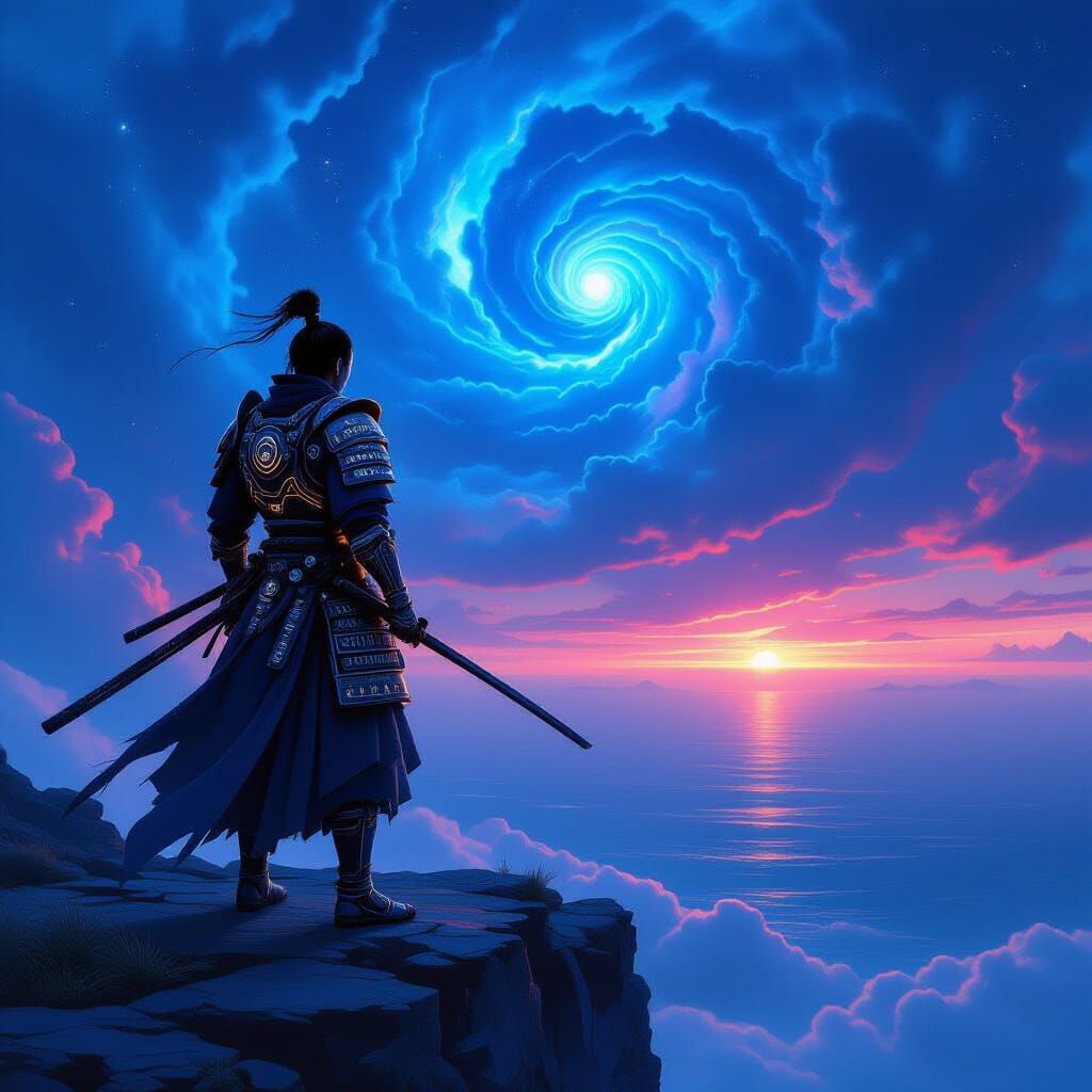 Samurai Warrior on Alien Cliff Overlooking Ocean