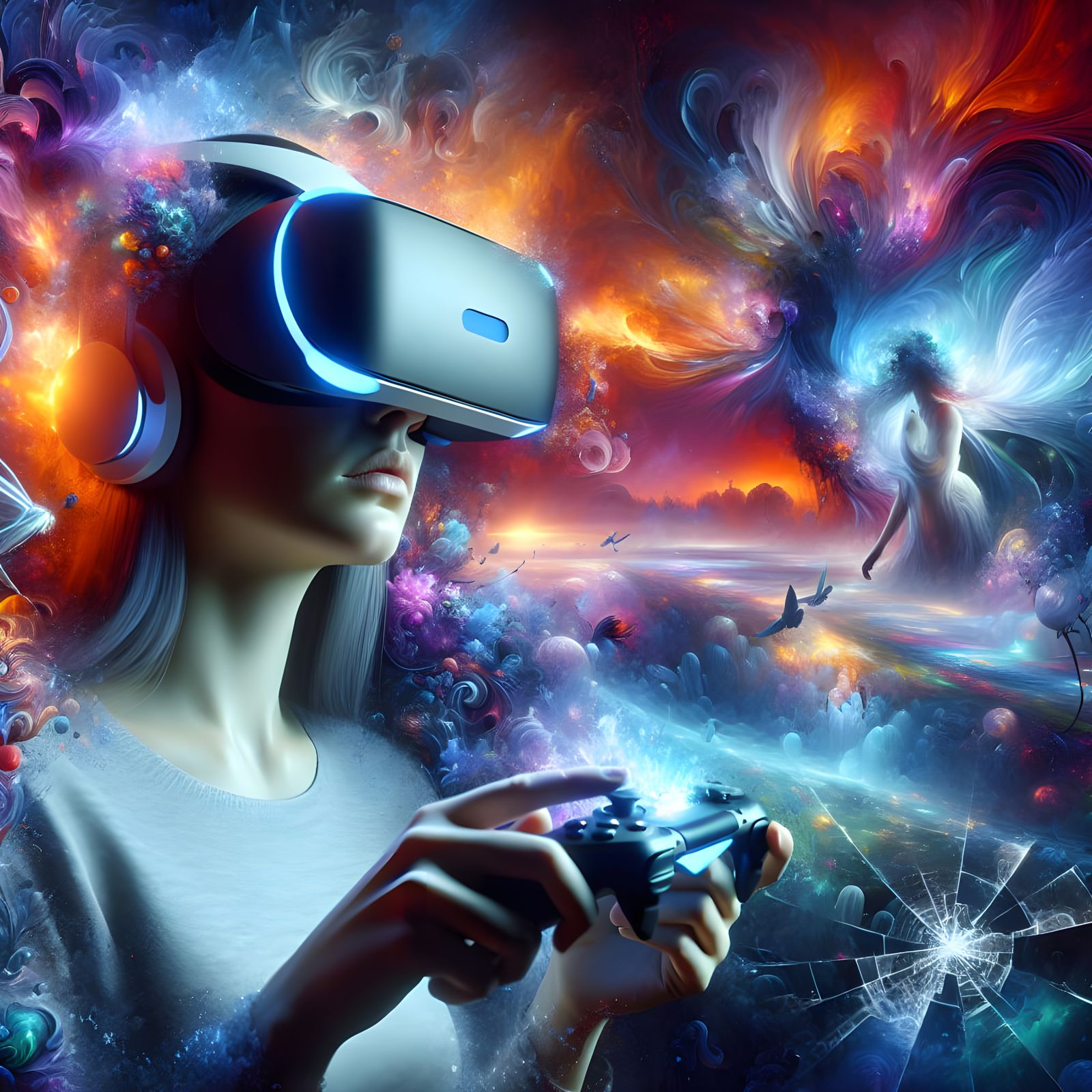 Woman Immersed in Vibrant Virtual Reality Simulation