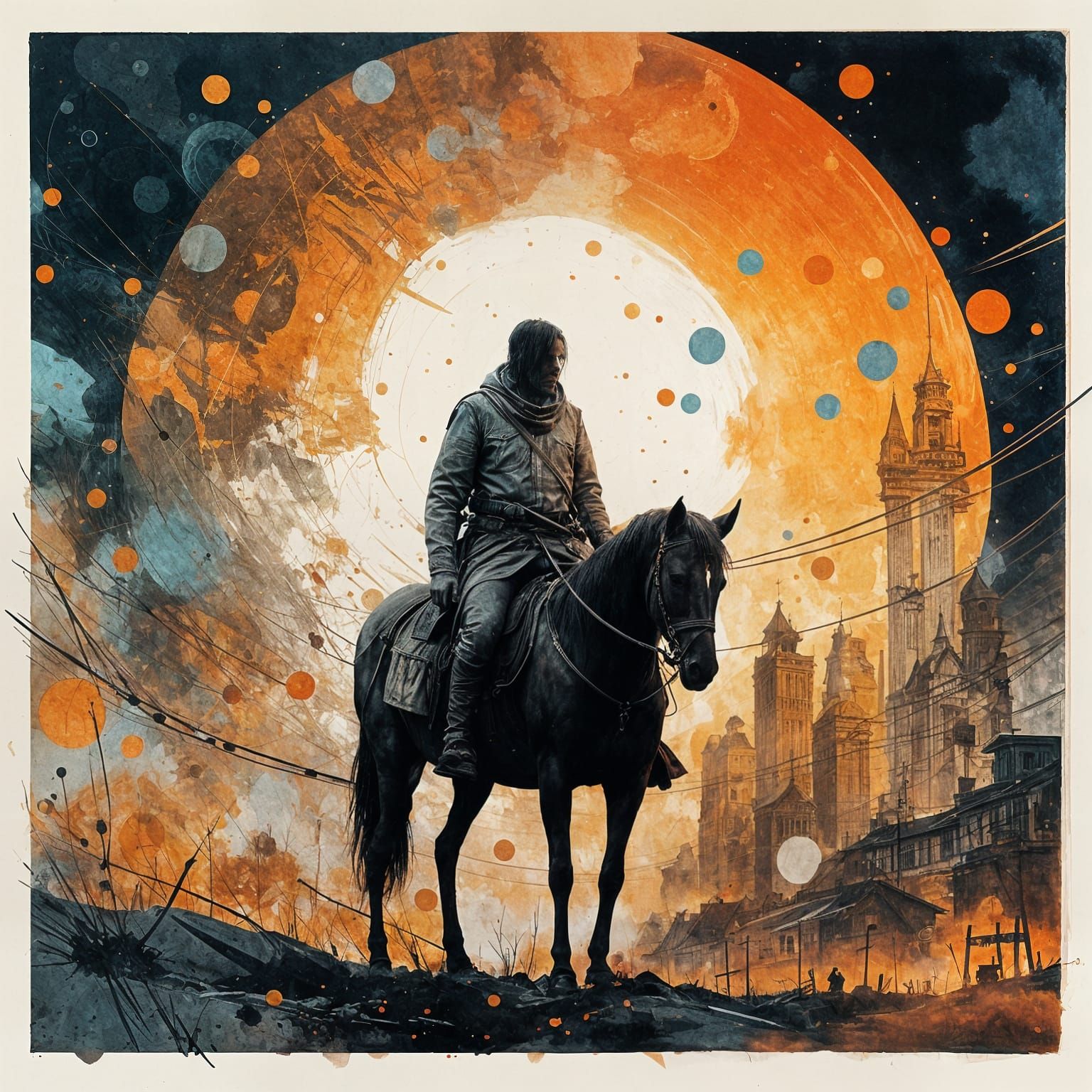 Epic Battle Scene with Fierce Horses and Rising Sun