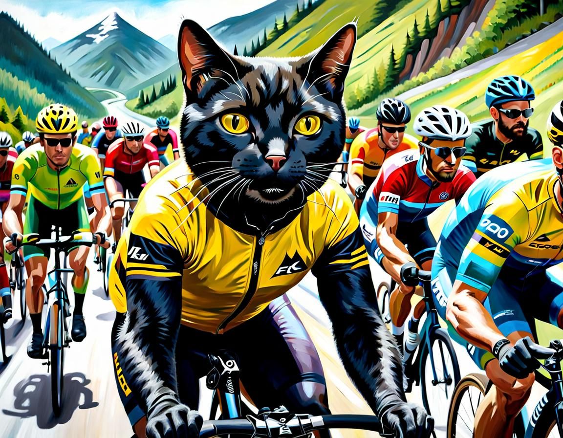Black Cat Leads Tour de France: Oil Painting