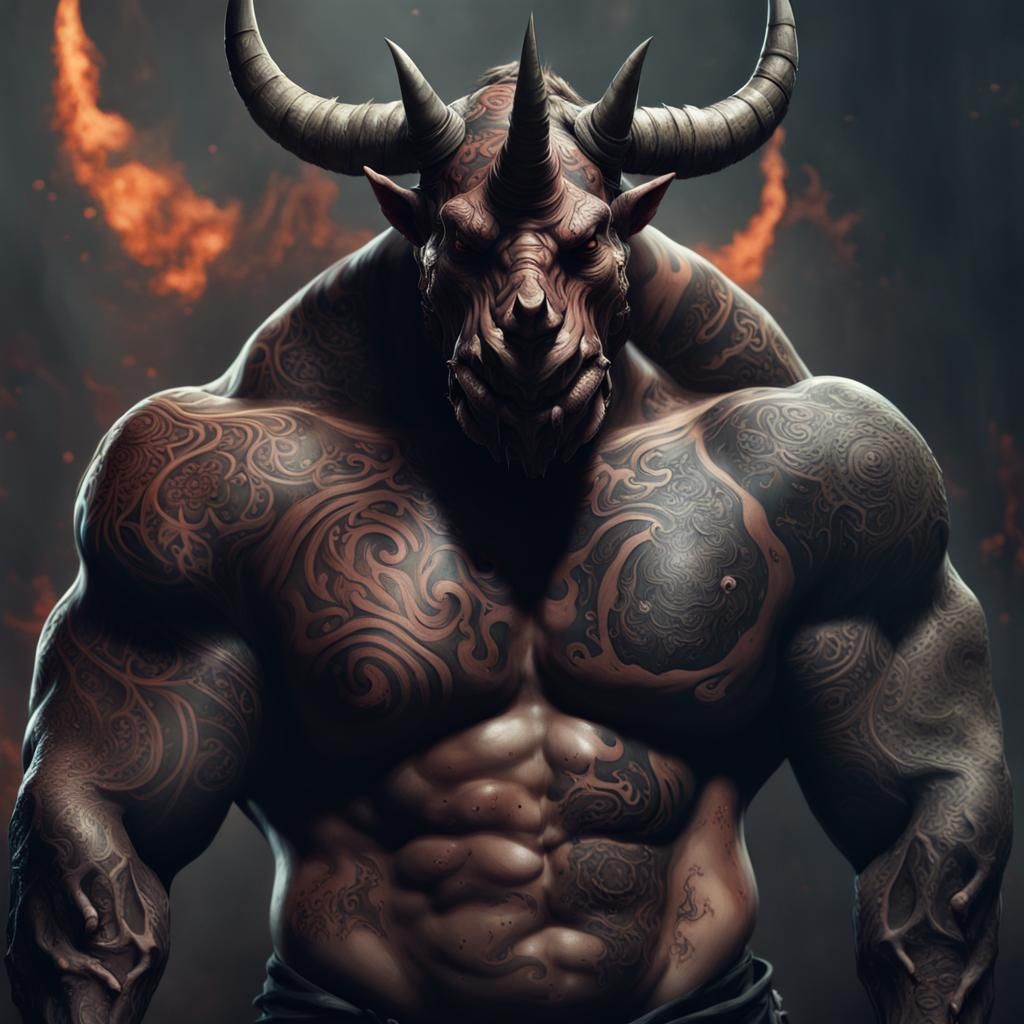 Rhinoceros-Headed Demon with Runes, Matte Painting