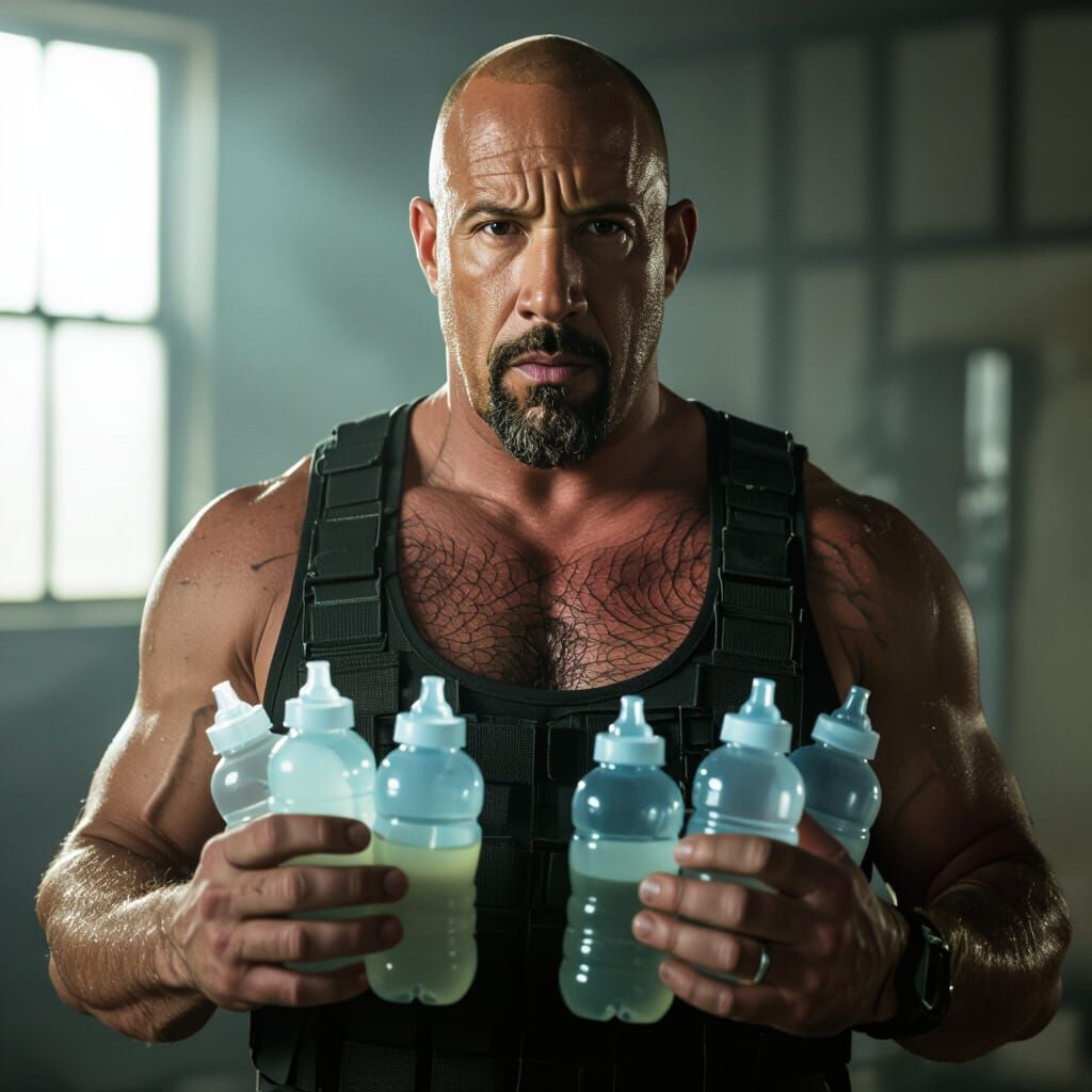 Vin Diesel with Chest Hair and Baby Bottles in Gritty Photor...