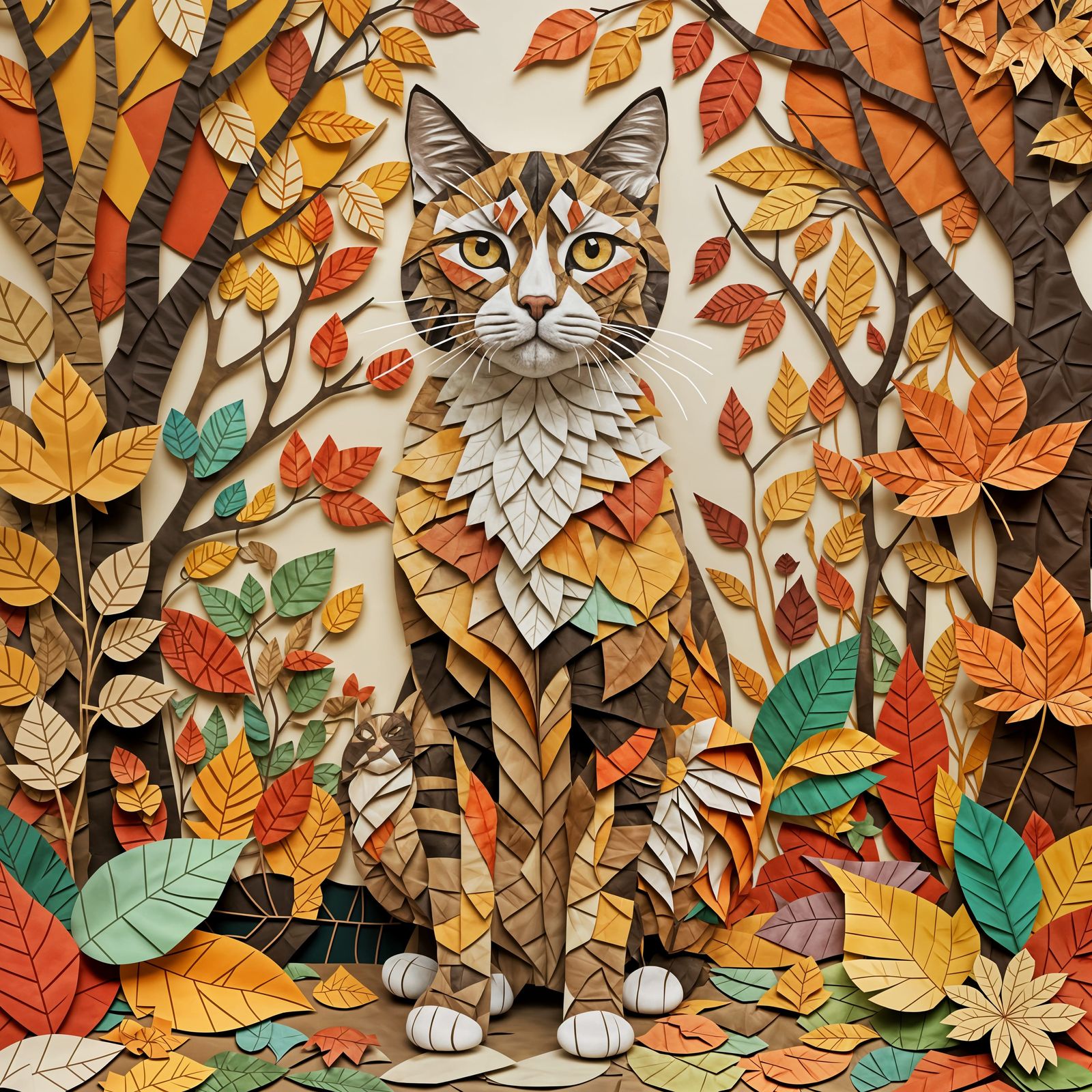 Autumn Cat in Paper Collage Garden