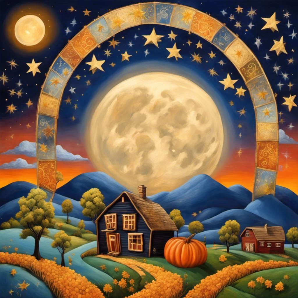 Harvest Moon Over Folk Art Autumn Landscape